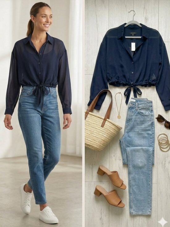 Banana Republic Tops - NWT Banana Republic Navy Sheer Georgette Cropped Tie-Front Shirt - Size Medium